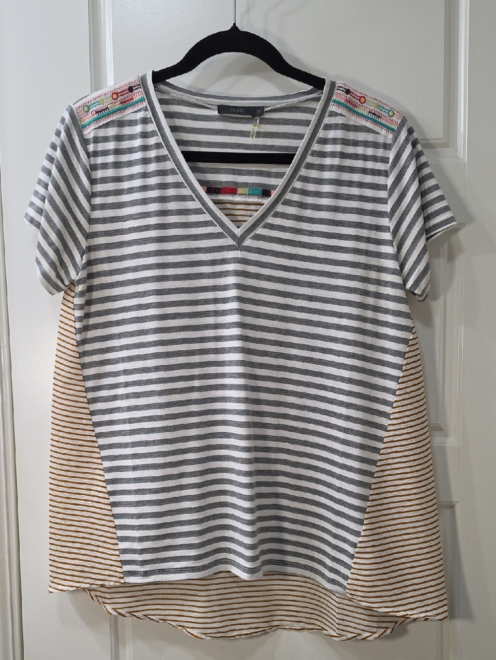 THML Mixed Stripe Embroidered Boho Top - Size Medium